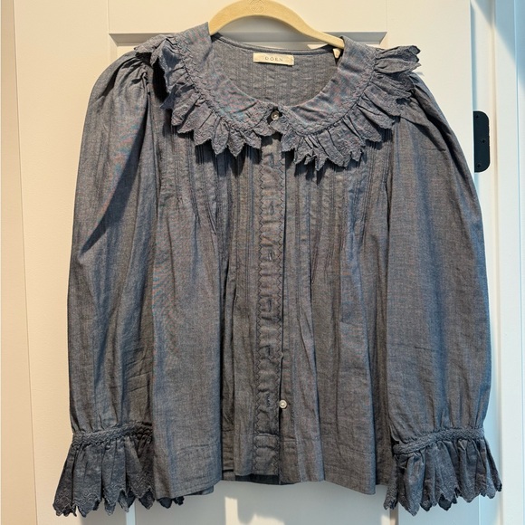 Doen Tops - Doen Blue Ruffled Collar Cotton Blouse